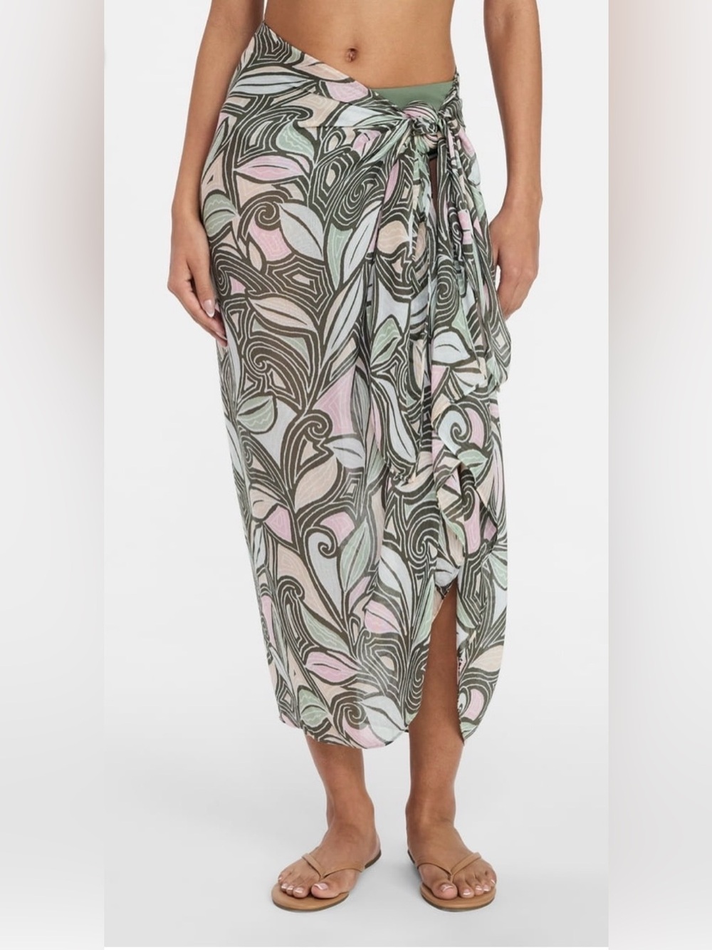 018 Time and Tru Pastel Leaf Swirling Paisley Sage Sarong Wrap Swim Cover-Up